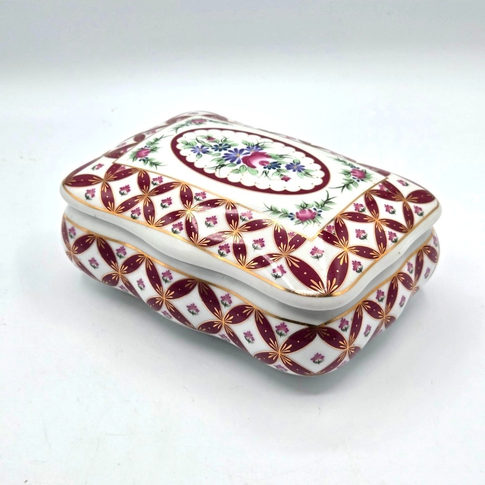 2003 Limited Edition Ceramic Trinket Box Burgundy Gold - Ornate Jewelry Case